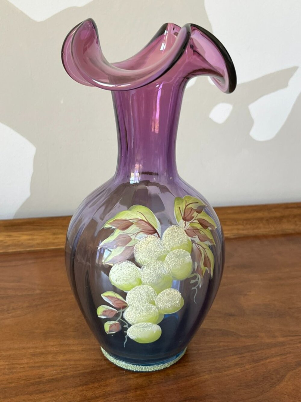 Fenton 9.75" Vase Mulberry Glass Sugared Grapes Ltd Ed. Don Hand Painted Everson
